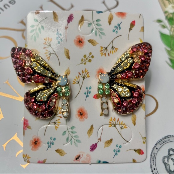 Pave Butterfly Wings Golden Earrings NEW - Picture 5 of 12